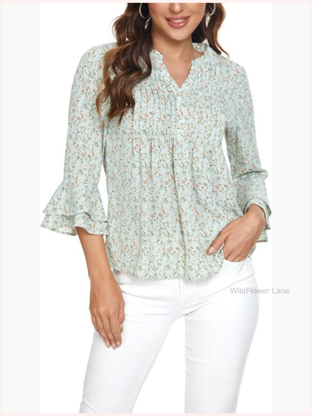 Boho Floral Print Ruffle Chiffon Blouse Bell Sleeve V-Neck Loose Tunic Top